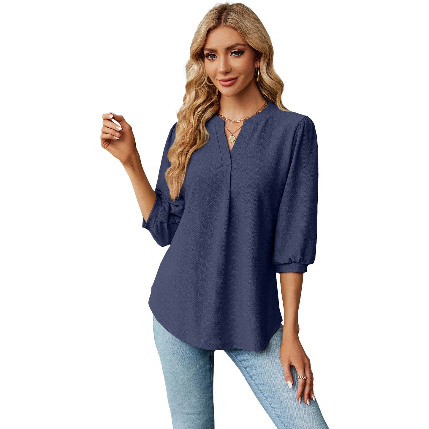 New Solid Color V-neck Jacquard Seven Quarter Sleeve Loose Pleated T-shirt Top For Women