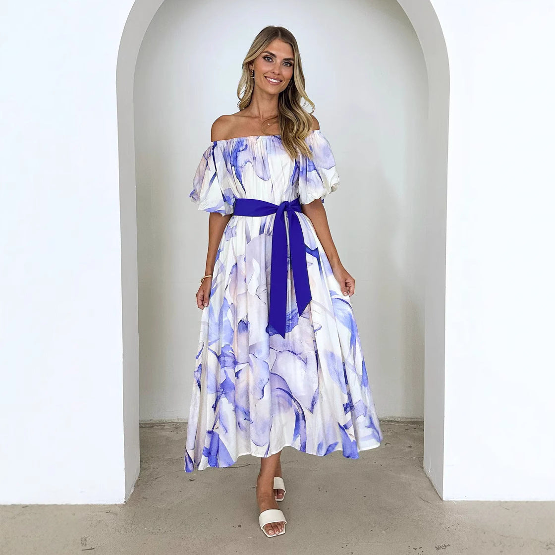 European American Summer New Temperament Shoulder Waist Puff Sleeve Printed Large Swing Dress