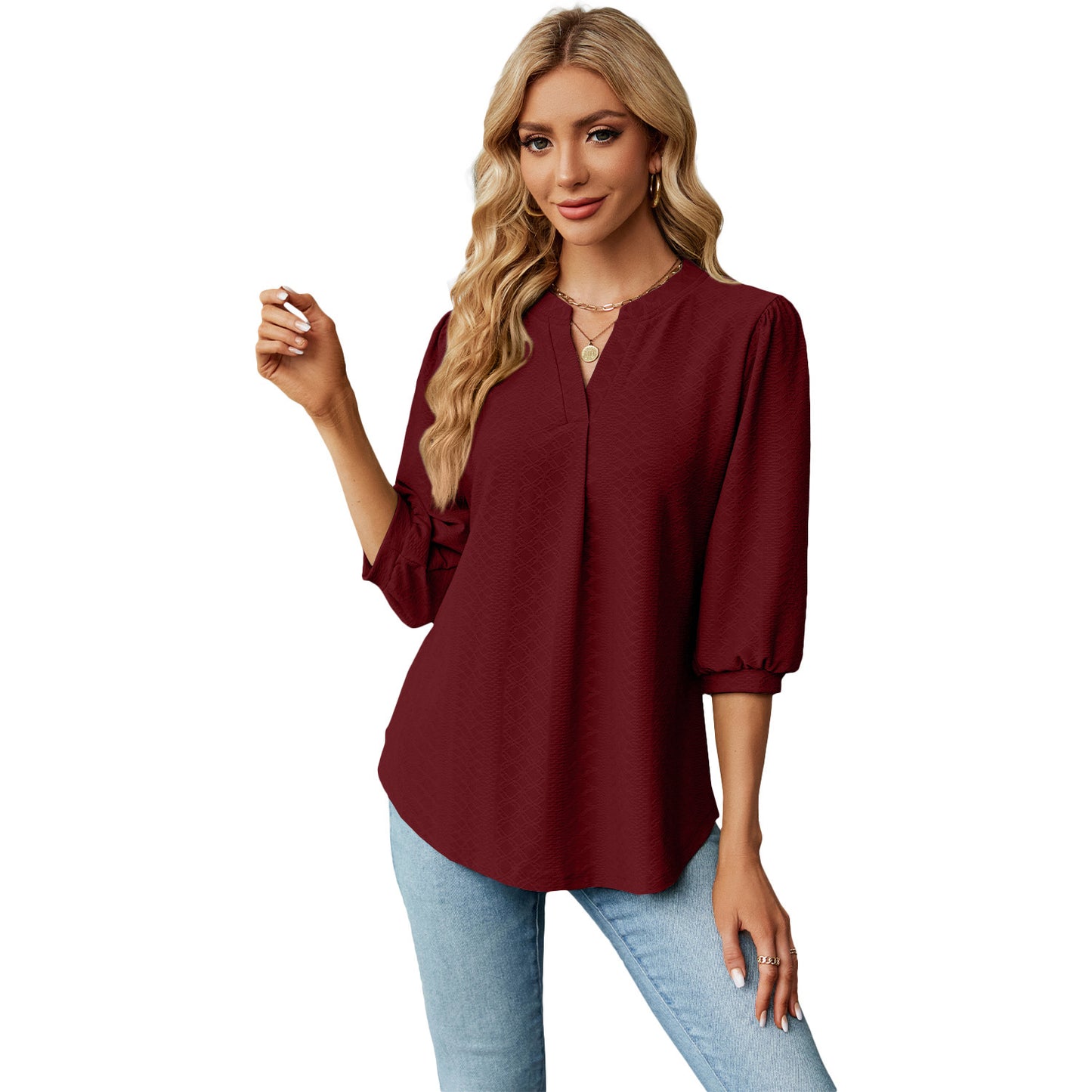 New Solid Color V-neck Jacquard Seven Quarter Sleeve Loose Pleated T-shirt Top For Women