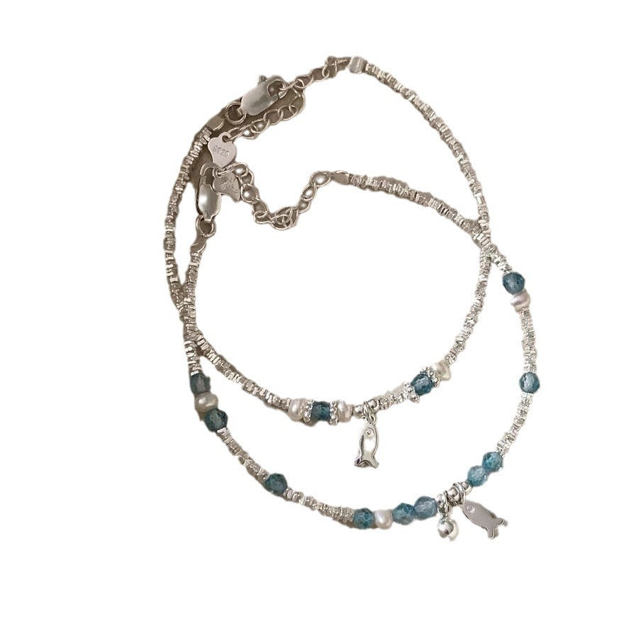 Summer Blue Beaded Silver Fish Bracelet