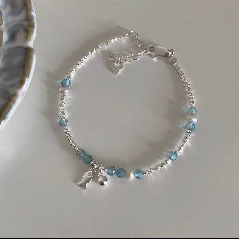 Summer Blue Beaded Silver Fish Bracelet