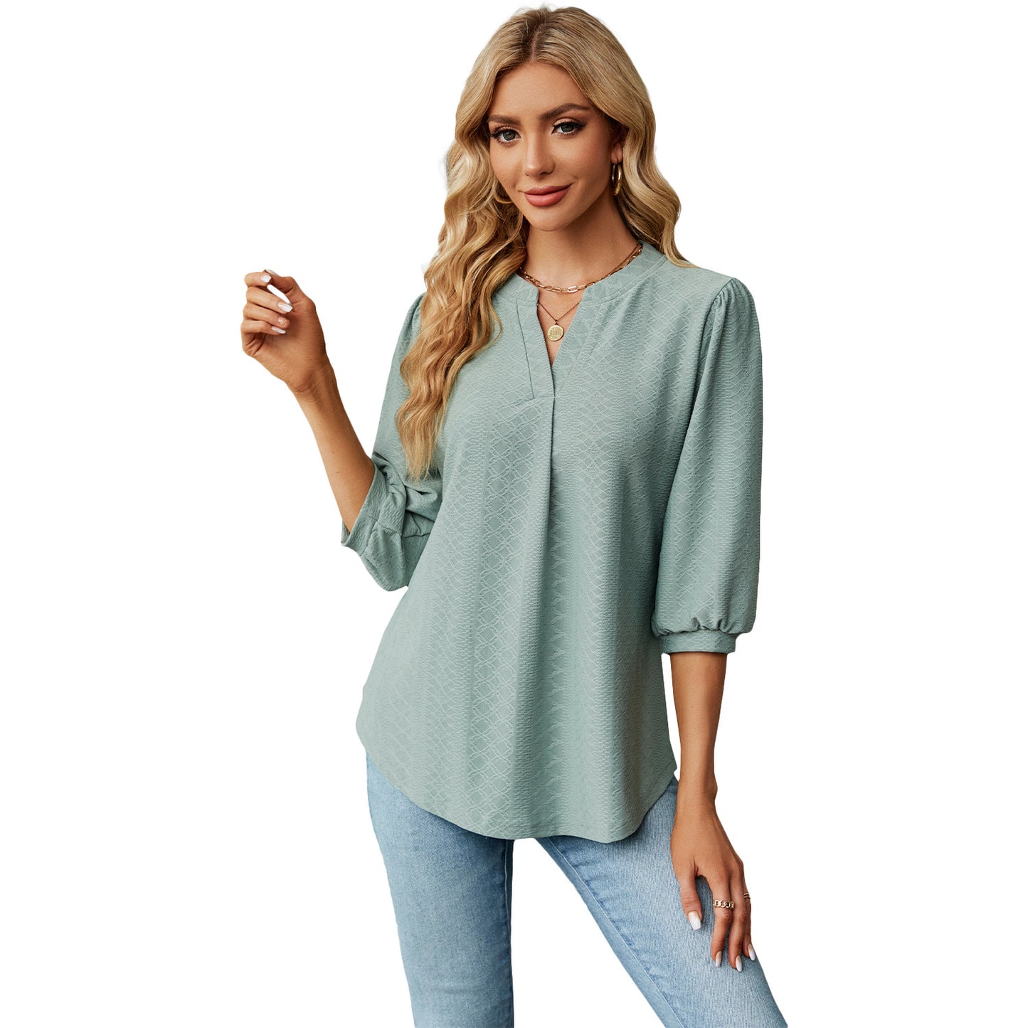 New Solid Color V-neck Jacquard Seven Quarter Sleeve Loose Pleated T-shirt Top For Women