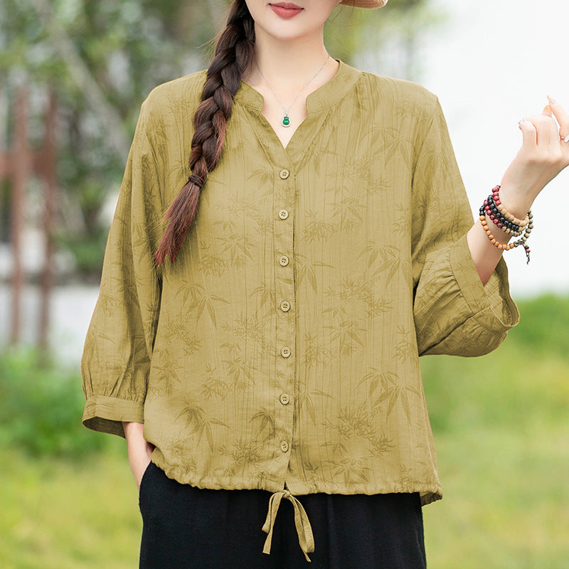 Multi-Color V-neck Pleated Loose Short Sleeve Shirt