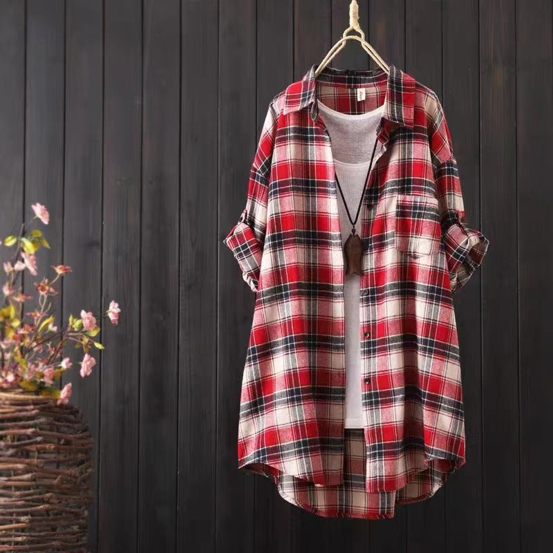 Loose And Idle Plaid Shirt Women's Mid-length Autumn Hongkong Style Coat