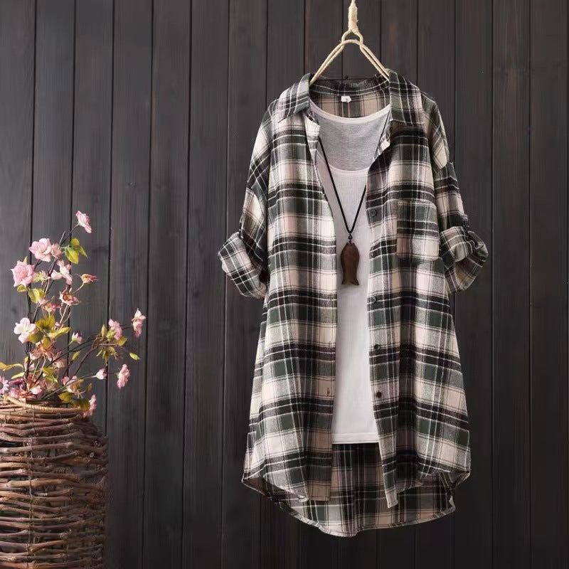 Loose And Idle Plaid Shirt Women's Mid-length Autumn Hongkong Style Coat