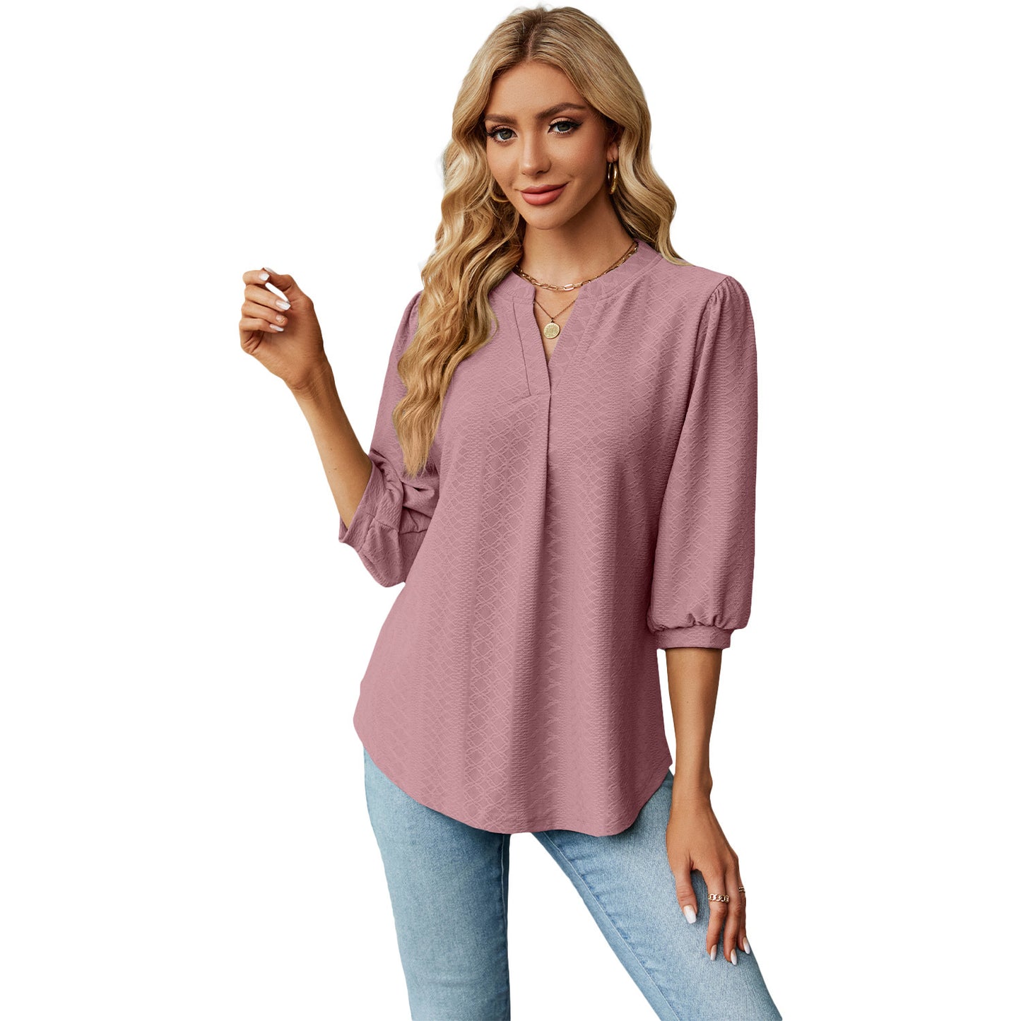 New Solid Color V-neck Jacquard Seven Quarter Sleeve Loose Pleated T-shirt Top For Women