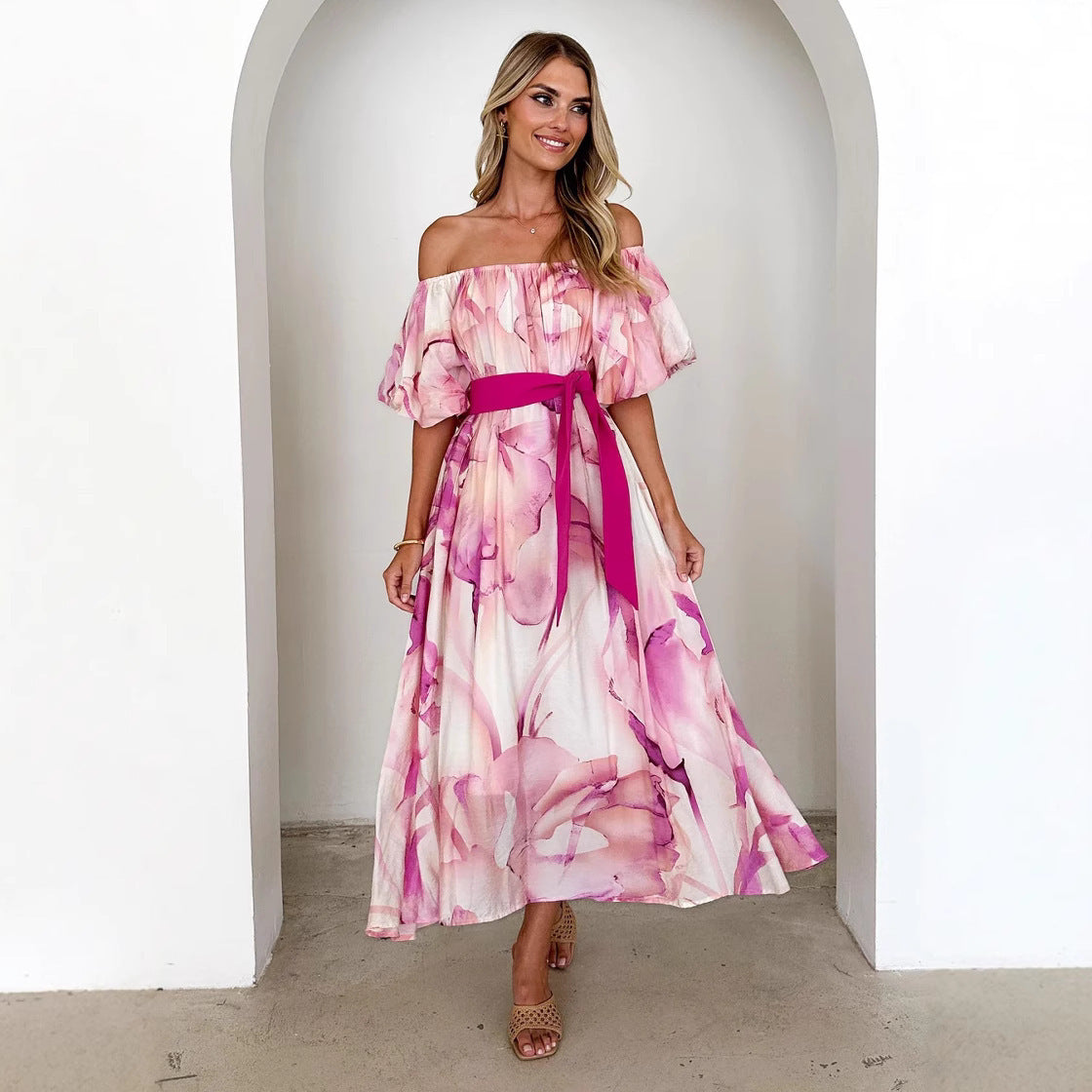 European American Summer New Temperament Shoulder Waist Puff Sleeve Printed Large Swing Dress