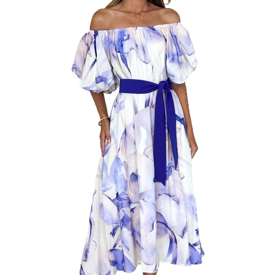 European American Summer New Temperament Shoulder Waist Puff Sleeve Printed Large Swing Dress