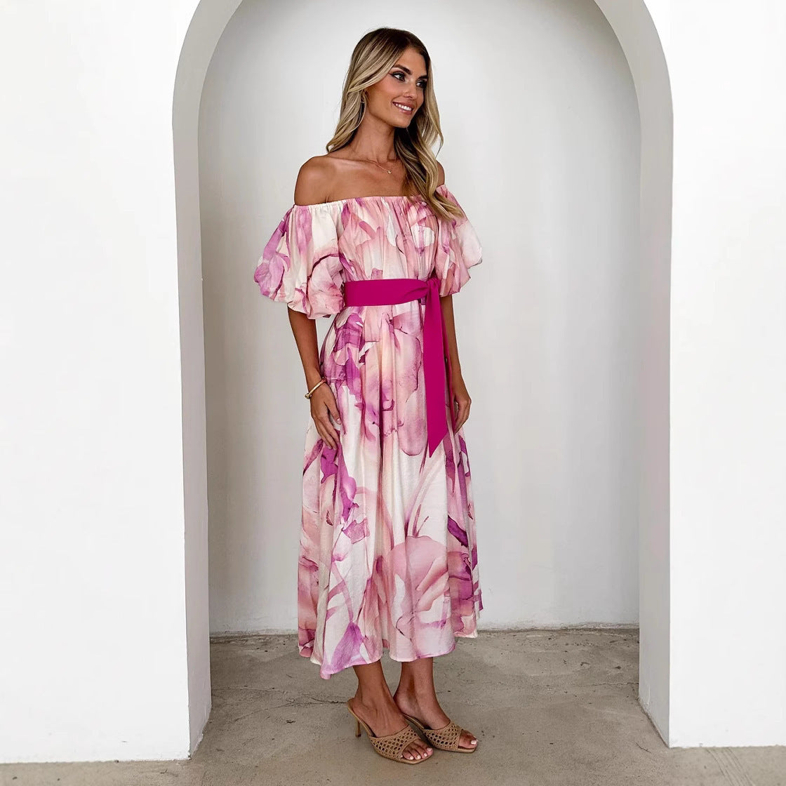 European American Summer New Temperament Shoulder Waist Puff Sleeve Printed Large Swing Dress