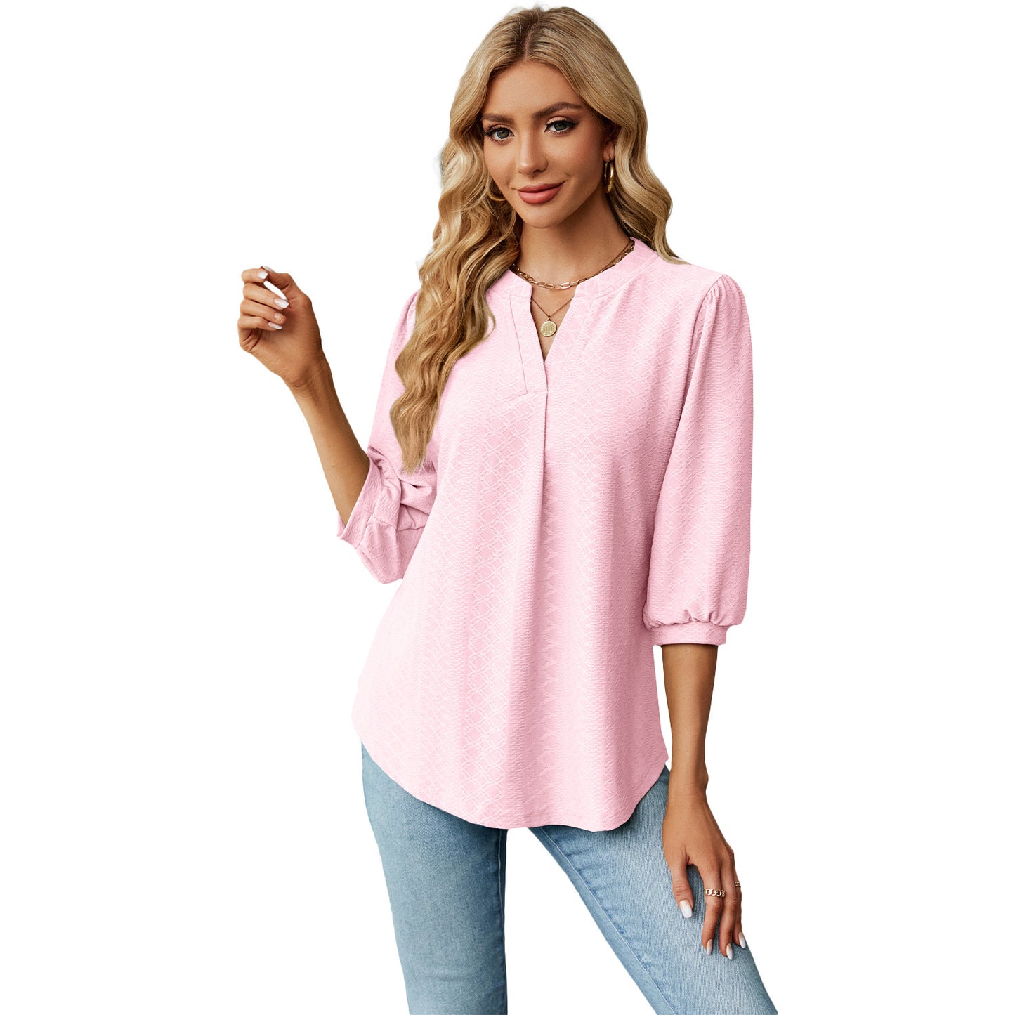 New Solid Color V-neck Jacquard Seven Quarter Sleeve Loose Pleated T-shirt Top For Women