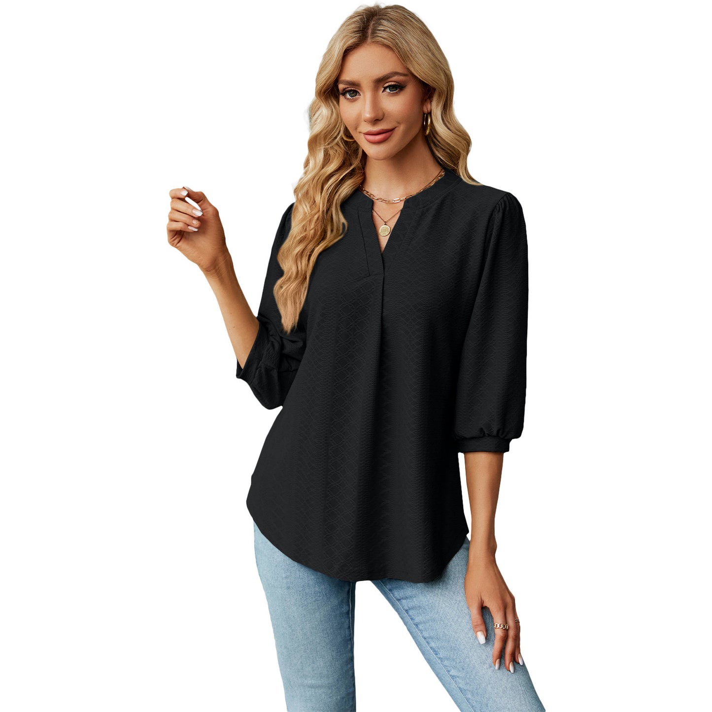 New Solid Color V-neck Jacquard Seven Quarter Sleeve Loose Pleated T-shirt Top For Women