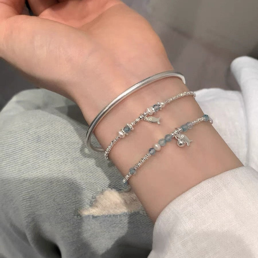 Summer Blue Beaded Silver Fish Bracelet