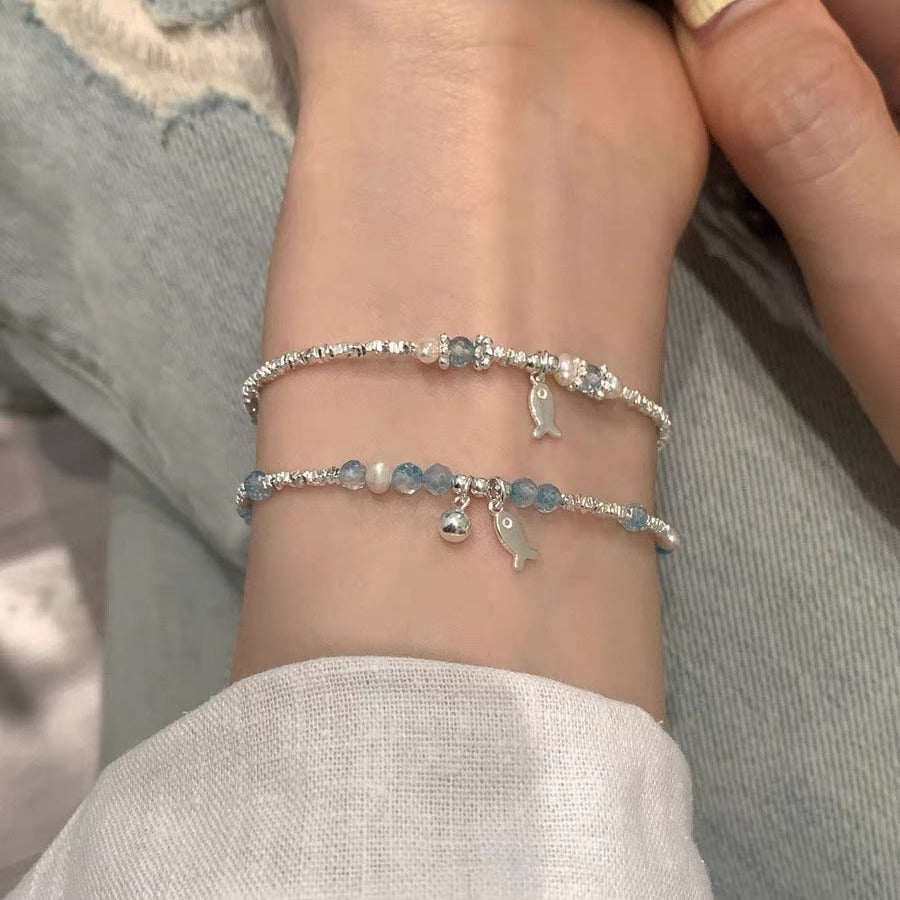 Summer Blue Beaded Silver Fish Bracelet