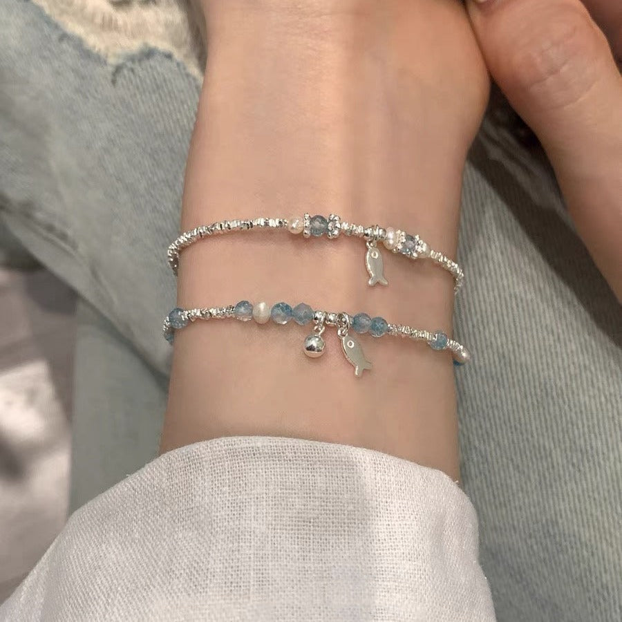 Summer Blue Beaded Silver Fish Bracelet