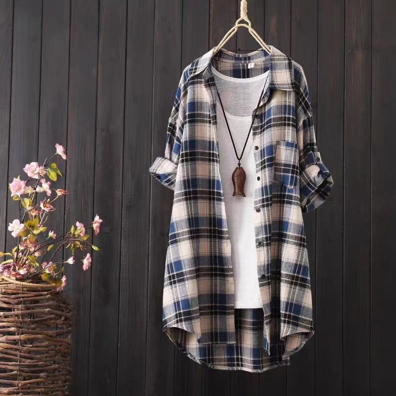Loose And Idle Plaid Shirt Women's Mid-length Autumn Hongkong Style Coat