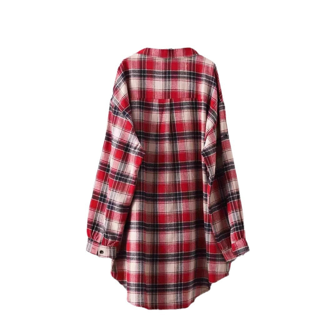 Loose And Idle Plaid Shirt Women's Mid-length Autumn Hongkong Style Coat