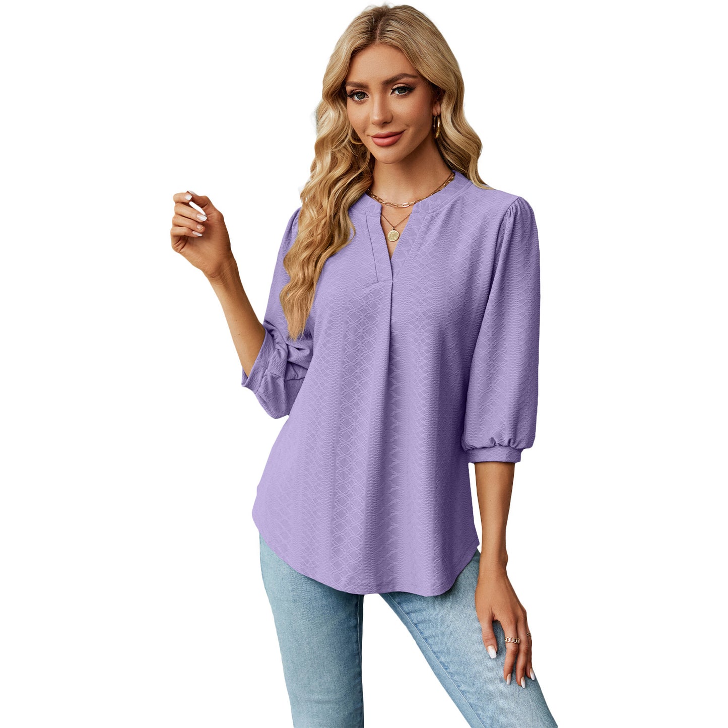 New Solid Color V-neck Jacquard Seven Quarter Sleeve Loose Pleated T-shirt Top For Women