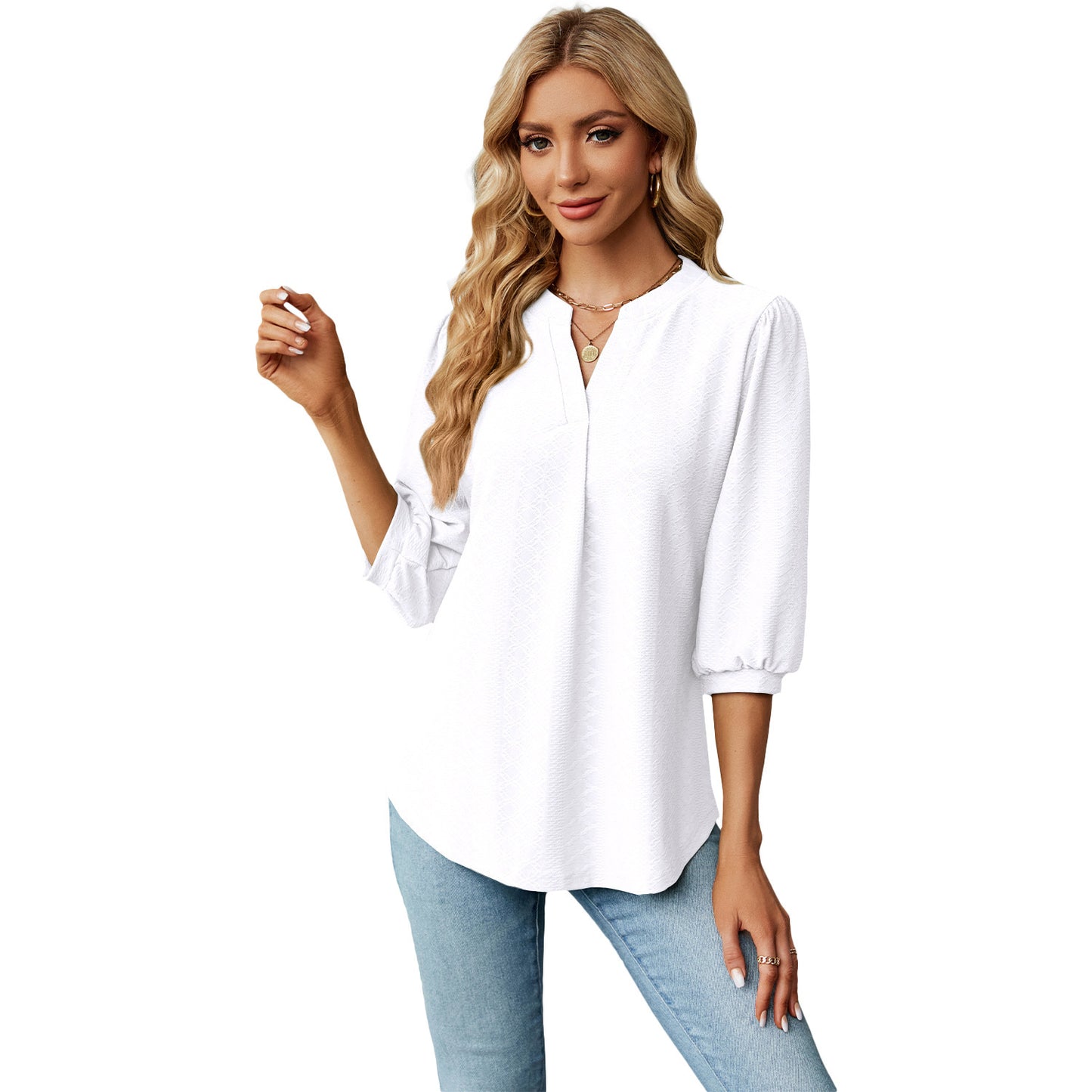 New Solid Color V-neck Jacquard Seven Quarter Sleeve Loose Pleated T-shirt Top For Women