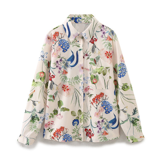 Women's Fashion Casual Hipster Floral Printed Satin Shirt