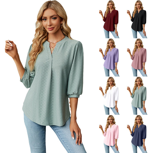 New Solid Color V-neck Jacquard Seven Quarter Sleeve Loose Pleated T-shirt Top For Women