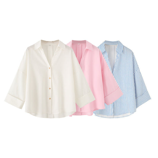 Linen Blended Wide Sleeve V-neck Temperament Shirt