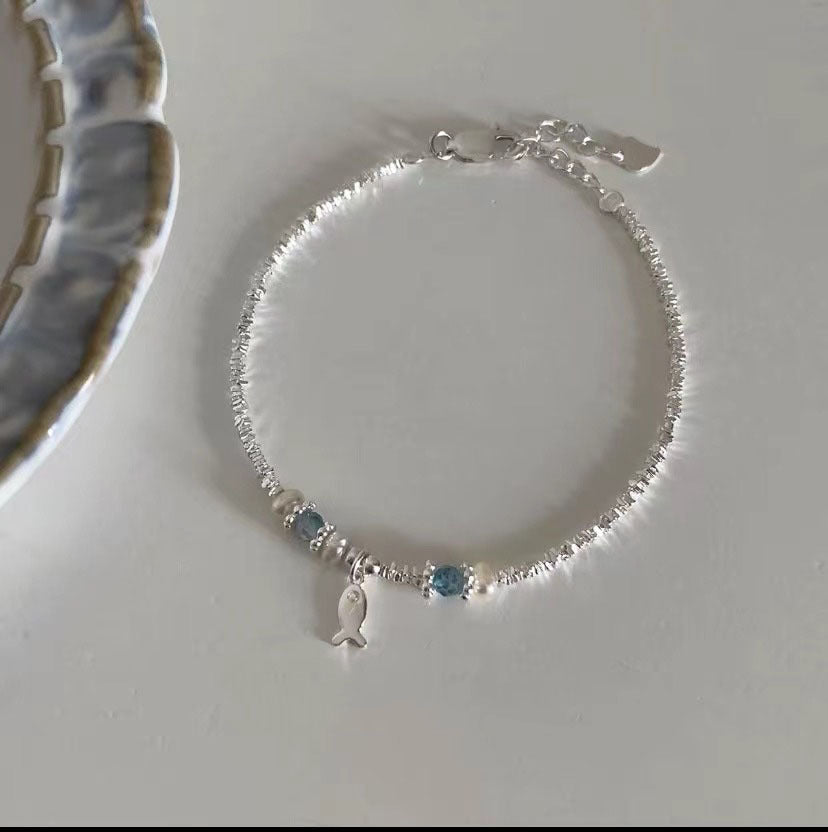 Summer Blue Beaded Silver Fish Bracelet